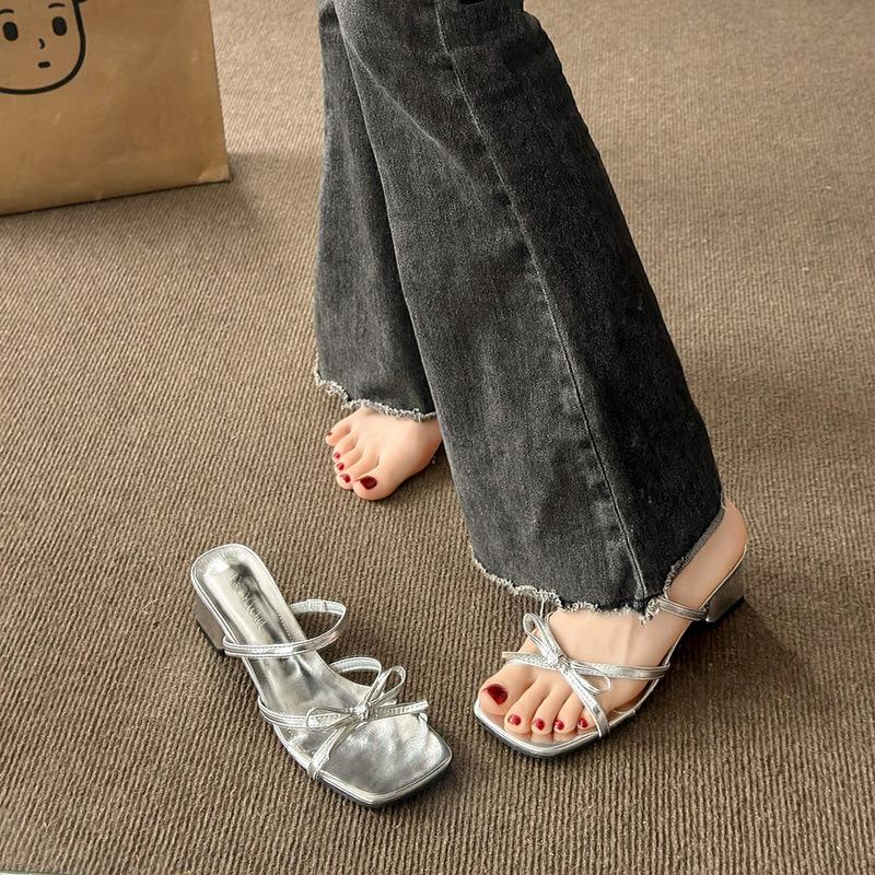 Beautiful with skirt silver sandals women's new summer bow cool slippers thick high heels