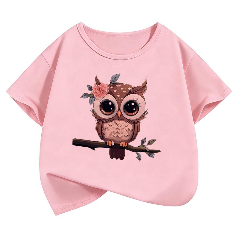 Jarní dětský a dospívající top s krátkým rukávem, potiskem kreslené sovy, pohodlný, ležérní