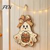 Vintage Style Halloween Sign Cute Bow Ghost Hanging Sign, Rustic Retro Floral Door with Pumpkin Party Background Decor Basket, Wooden Pendant