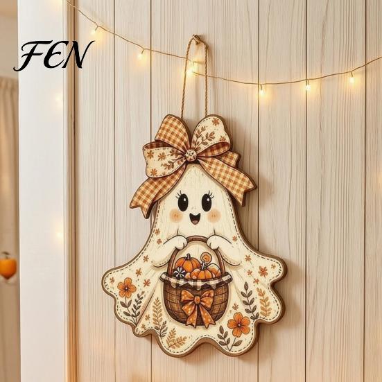 Vintage Style Halloween Sign Cute Bow Ghost Hanging Sign, Rustic Retro Floral Door with Pumpkin Party Background Decor Basket, Wooden Pendant