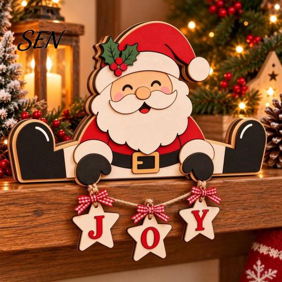 Indoor Christmas Decor Accessories Wooden Tabletop Decor, 2D Flat Hanging Shelf Sitters with JOY Ornaments, Reusable Holiday Ornaments Rustic