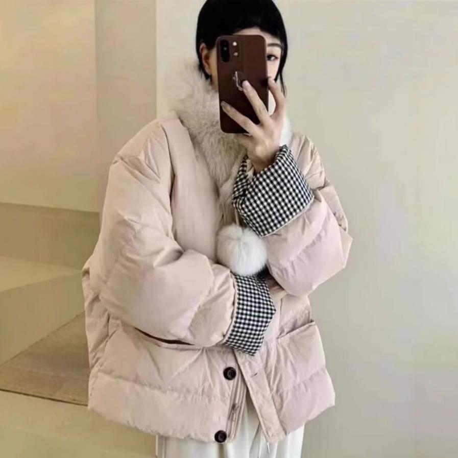 South Korea Dongdaemun short down cotton clothes women's plaid contrasting colors high-end small scarf fur collar jacket