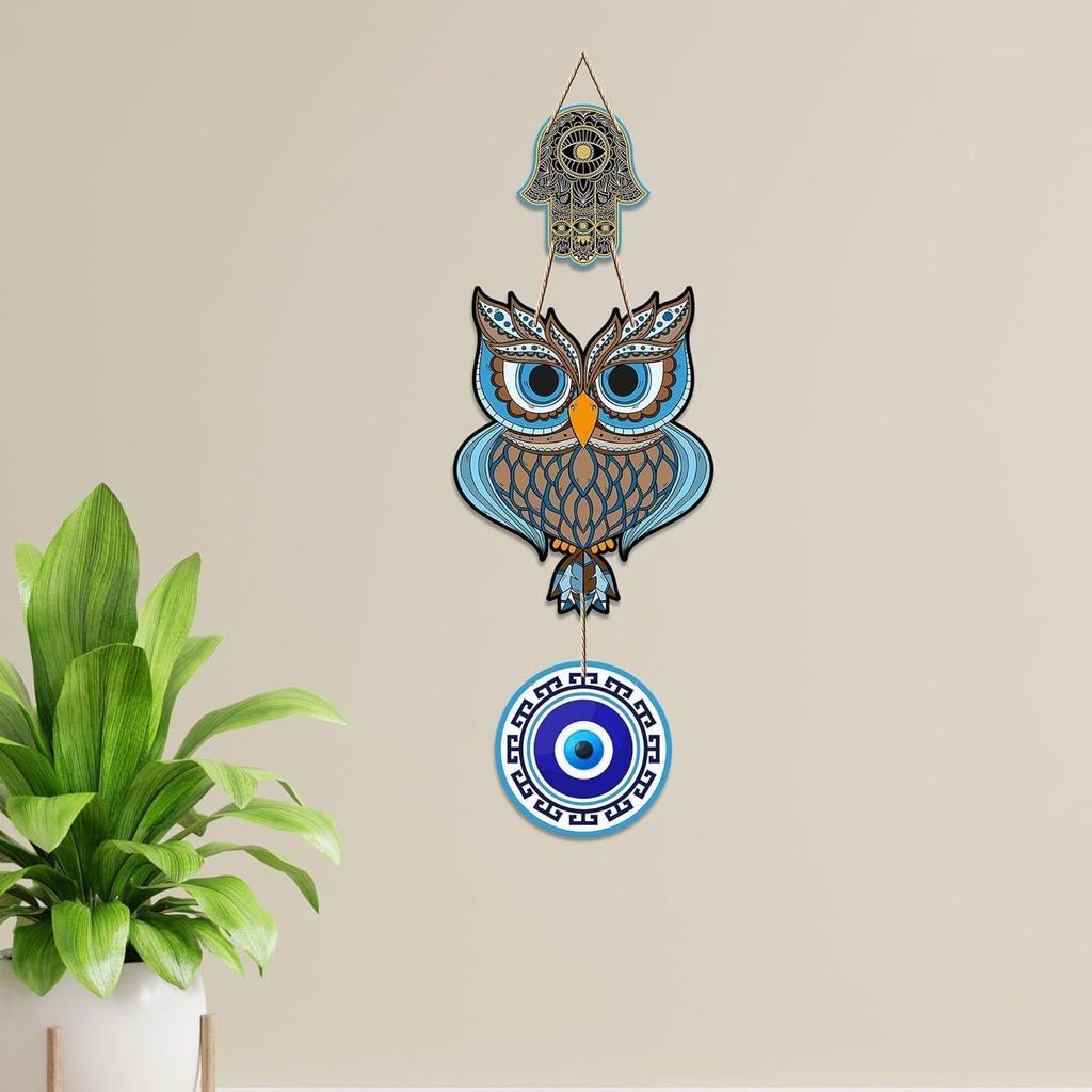 Décoration Murale en Bois en Forme de Hibou Chance Prospérité Pour Décoration d'Intérieur | Décoration Main de Hamsa Salon | Œuvre d'Art Moderne | Article Design en MDF | Décoratif de Porte
