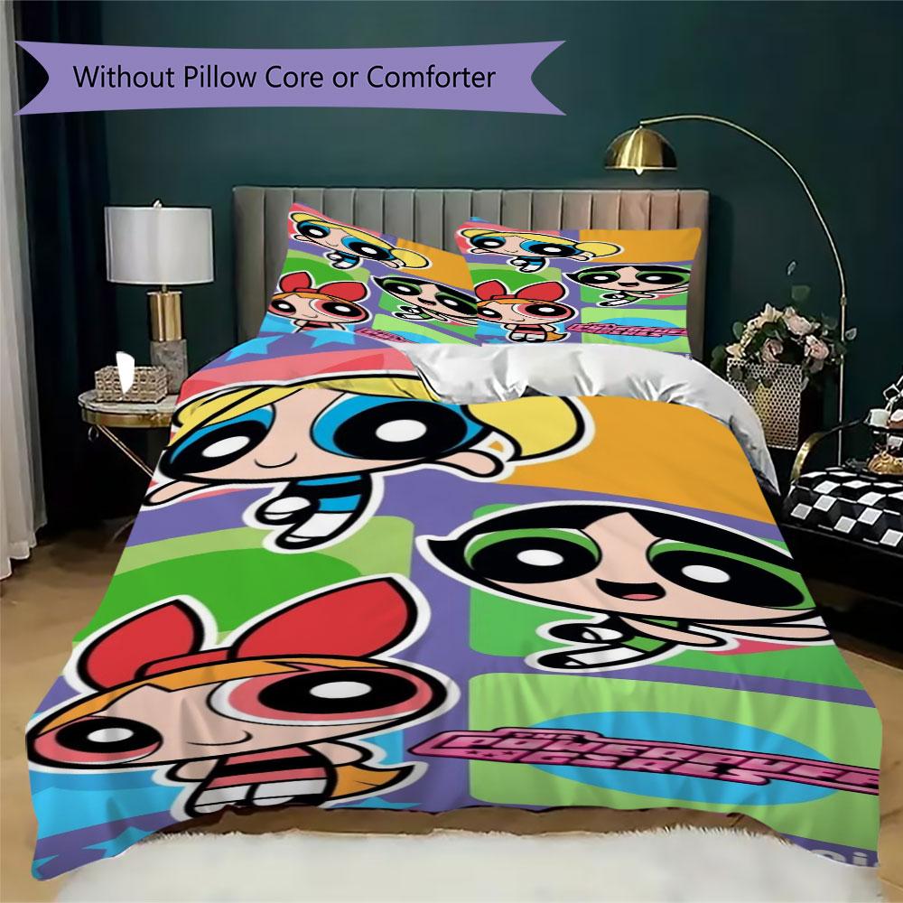 Cartoon Powerpuff Girls print children's duvet cover set, soft and skin-friendly, available in multiple sizes, bedroom bedding.