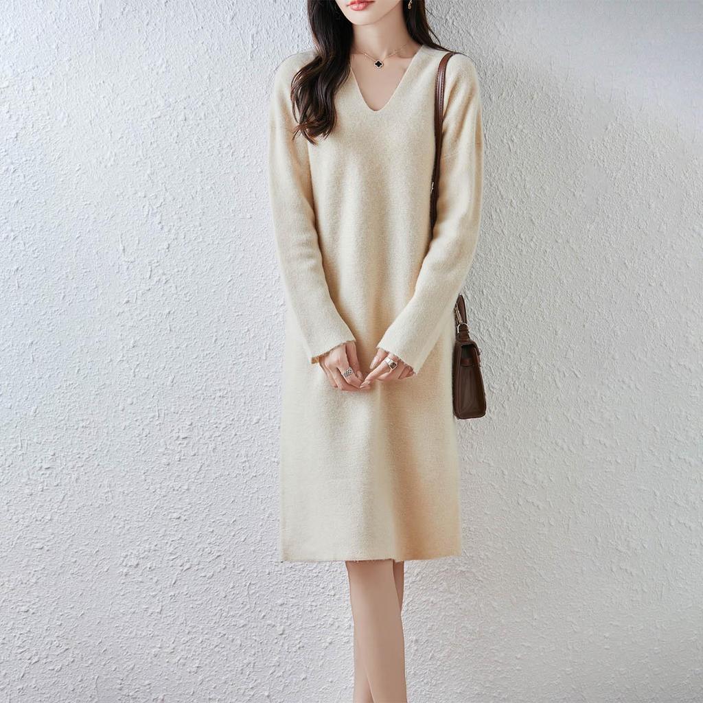 2025 Nowa Koreańska Sukienka Wełniana Dzianinowa o Długości Midi z Dekoltem V na Jesień i Zimę