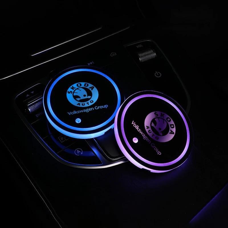 DYZ5 LED Car Cup Holder Light Luminous Coaster Water Cup Pad For Skoda Octavia Rapid Kodiaq Karoq Fabia Kamiq Superb Derivative