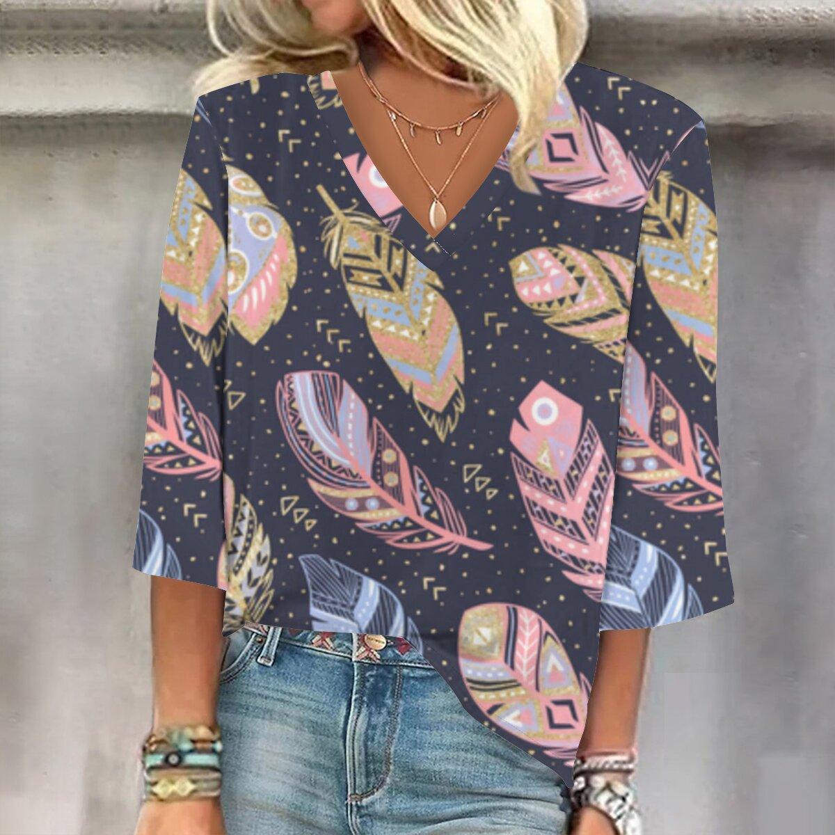 

Весна и осень 2023, новый модный женский повседневный топ с v-образным вырезом и рукавом 3/4 с принтом, размер гной