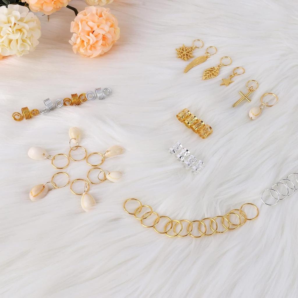 200PCS Hair Beads for Women Braids, Loc Jewelry for Hair, Dreadlocks Accessories, Metal Gold Silver Clips Cuffs Coils Shells Rings for Hair Braiding