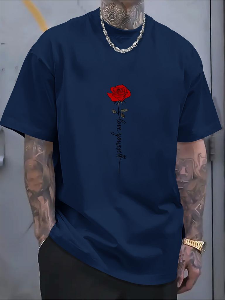 Men's T-shirt Summer Fashionable Casual Sports Loose Red Rose Pattern Printed Round Neck Short Sleeved Top