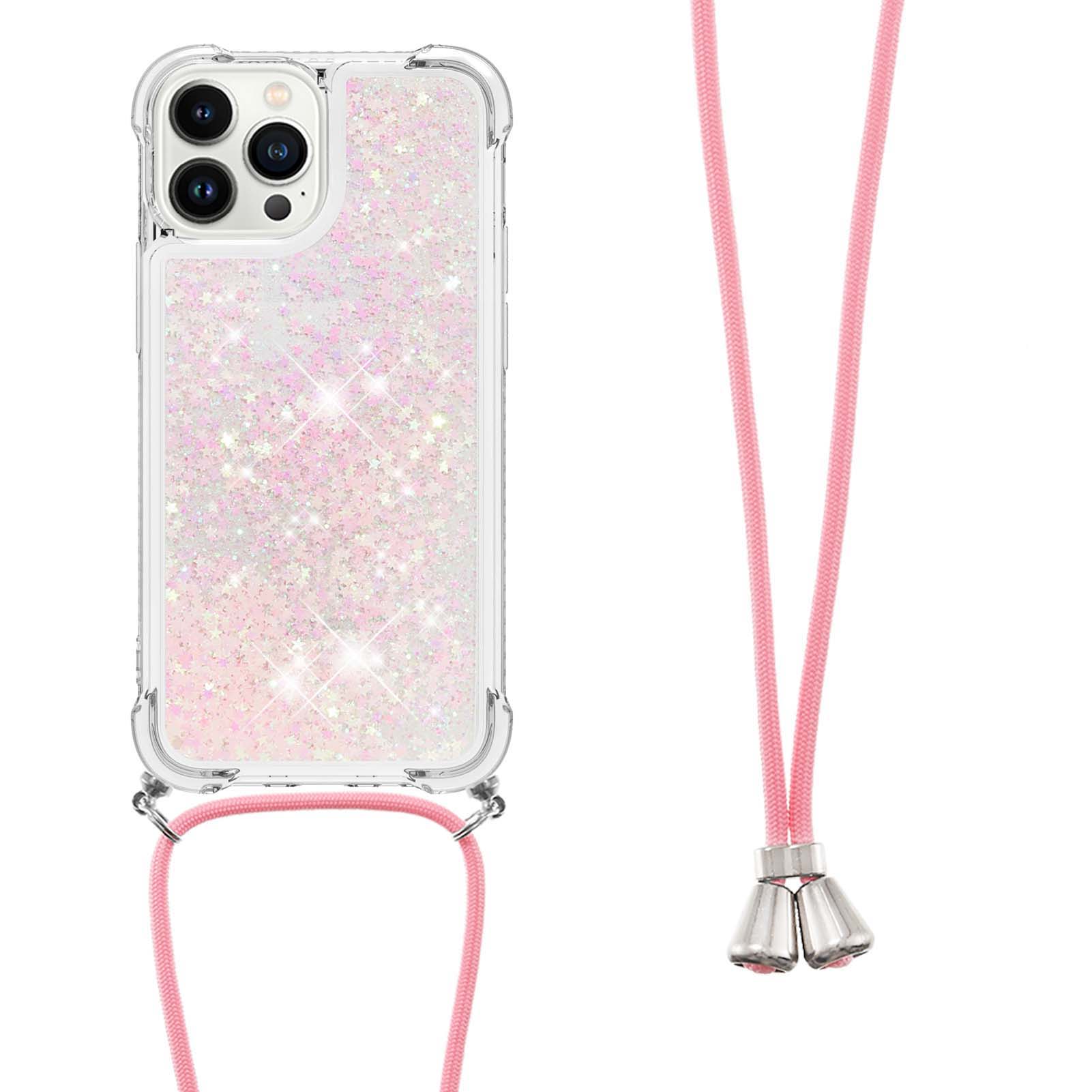 

For iPhone 15 Pro Max TPU Case Quicksand Design Phone Cover with Lanyard Pink/Pentagrams