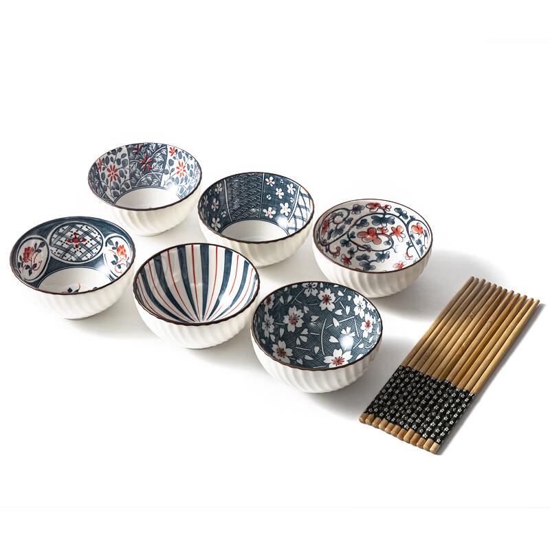 Kanda Qingyun Blue Ceramic Rice Bowl Set with Chopsticks