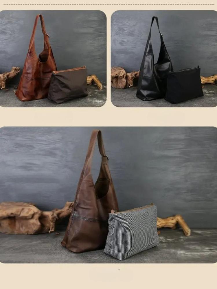 Johnature Large Capacity Genuine Leather Tote Bag Vintage Soft Cowhide Personalized Wide Shoulder Strap Shoulder Bag