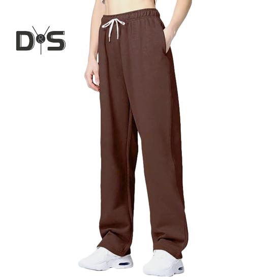 Women Pants Mid-rise Elastic Waist Adjustable Drawstring Long Trousers Solid Color Straight Wide Leg Autumn Winter Sport Trousers