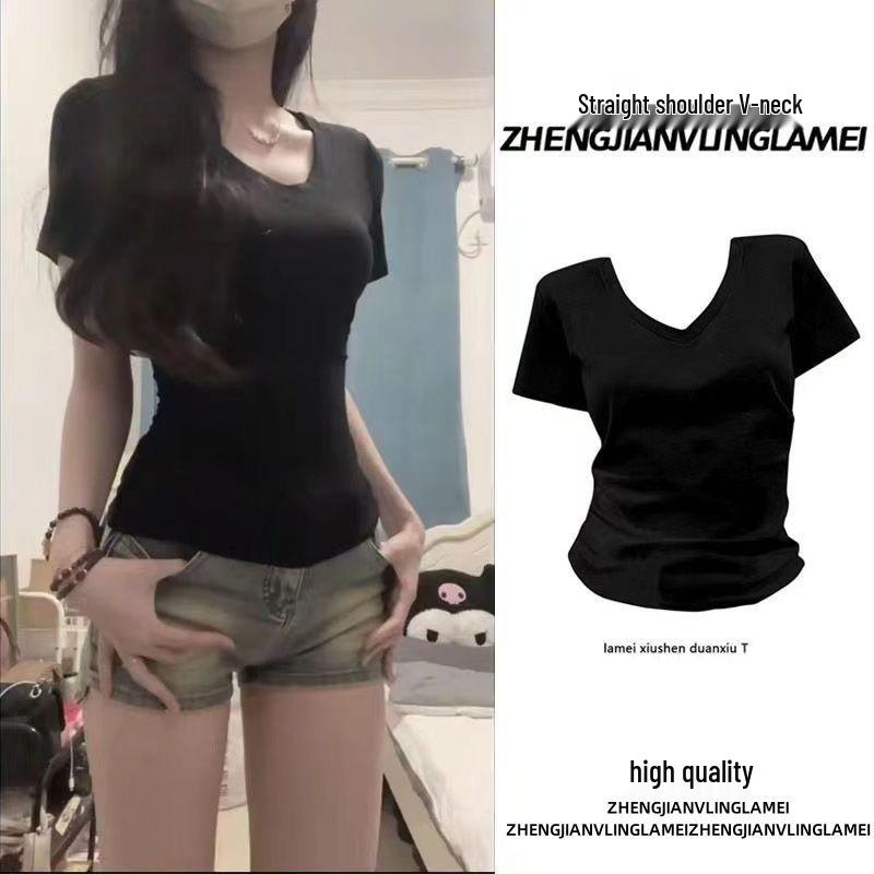 Women's Slimming Waist-Cinched V-Neck Cotton T-Shirt, Summer 2026 Design