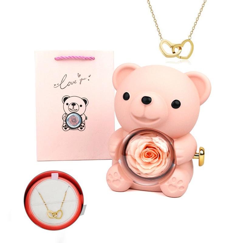 Creative Immortal Flower Rotating Rose Bear Jewelry Box Double Heart Necklace Valentine'S Day Romantic Gift For Women Girlfriend