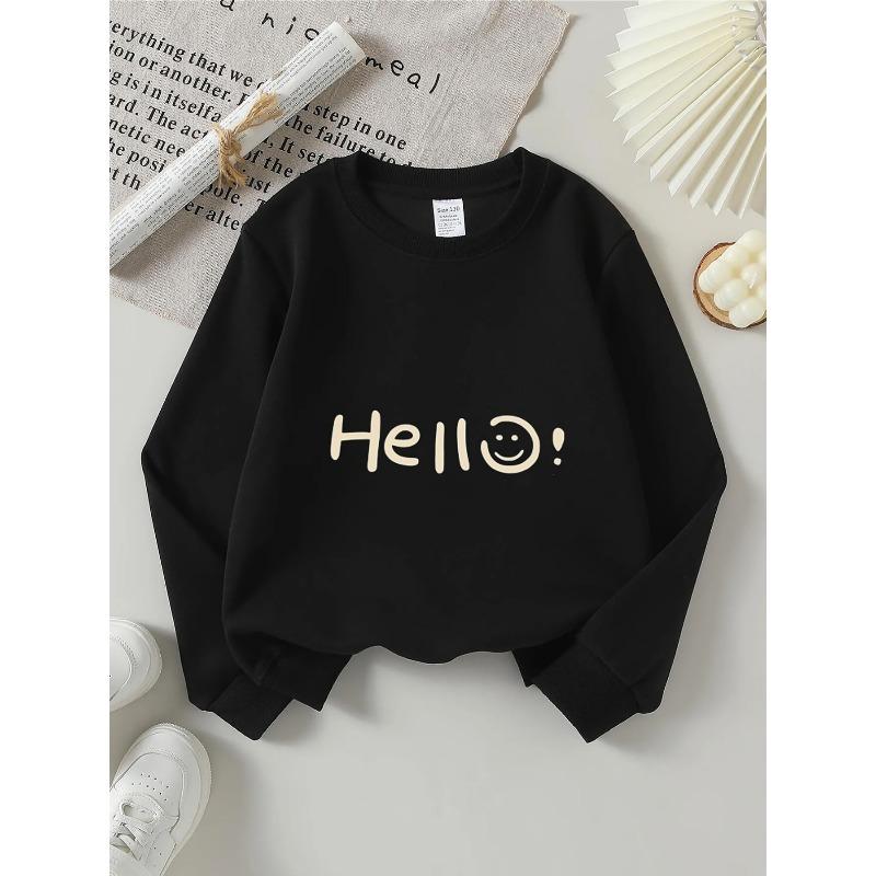 European sizes Kids' Crewneck Sweatshirt - Hello Joyful Face Pattern Print , Sportswear And Casual Wear, Soft And Comfortable, Children's Clothing