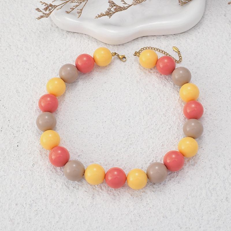 Candy Color Beaded Acrylic Round Bead Choker Necklace For Women Cute Handmade Jewelry