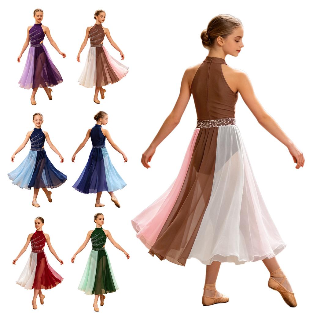 Fantasia de Apresentação Lírica para Meninas Estilo Gola Alta Sem Mangas Zíper Invisível nas Costas Strass Brilhantes Bloco de Cores Vestido de Chiffon