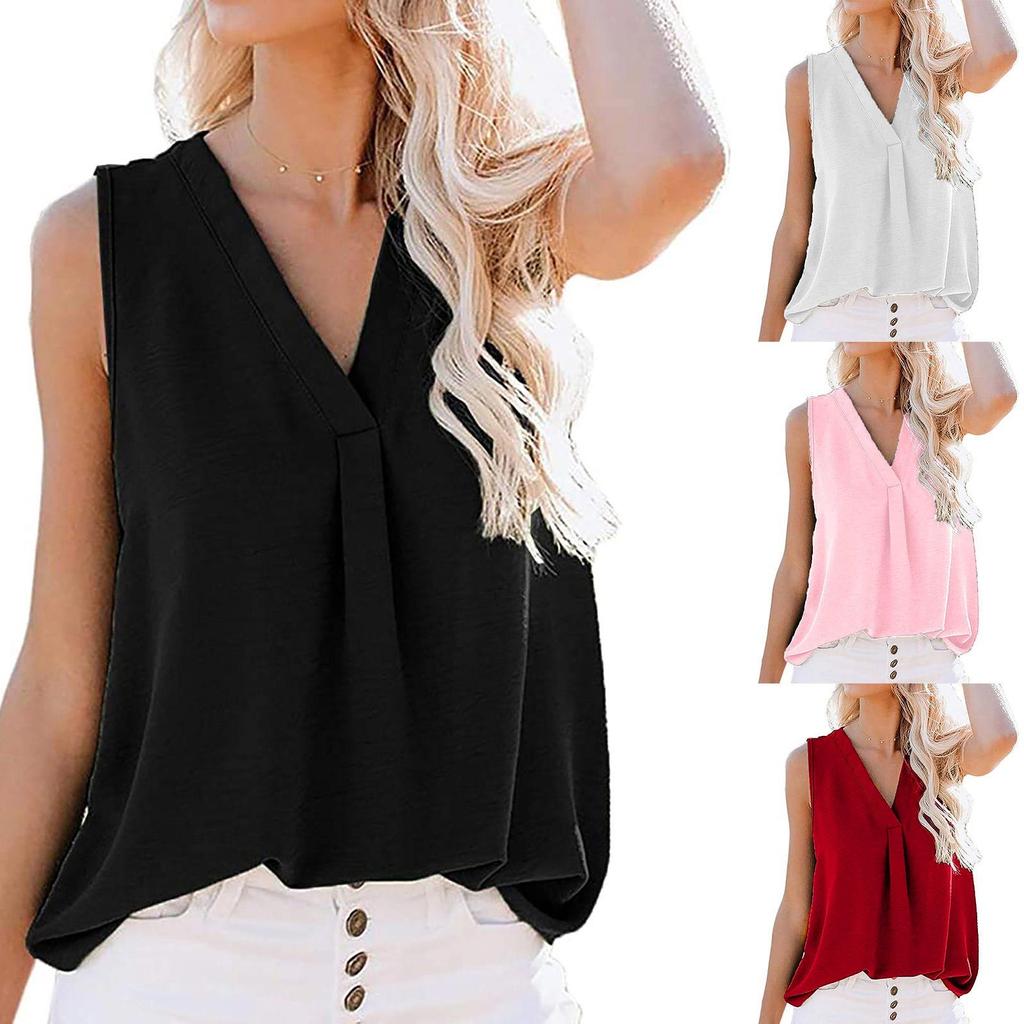 Women V-Neck Sleeveless Tops Casual Color Slim Loose Blouse With Pockets