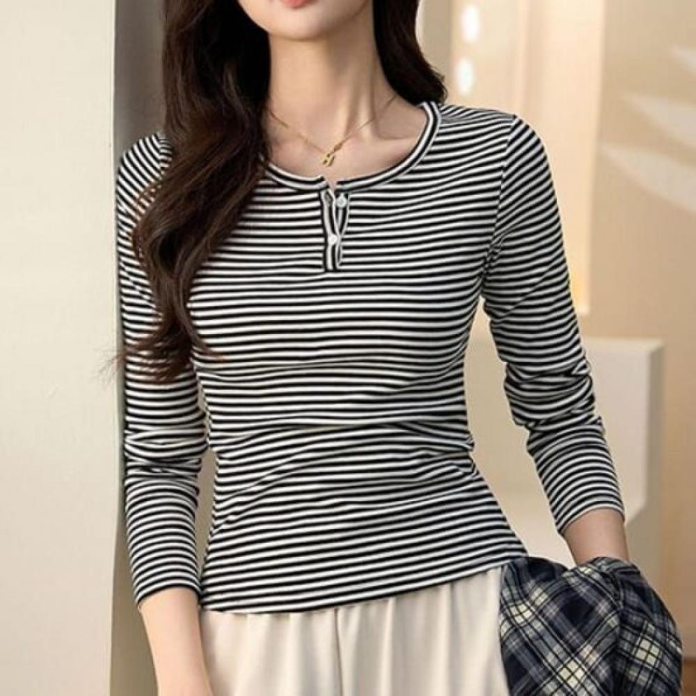 Navava Women Slim FiT STripe Henley Neck Long Sleeve T shirT nT3203