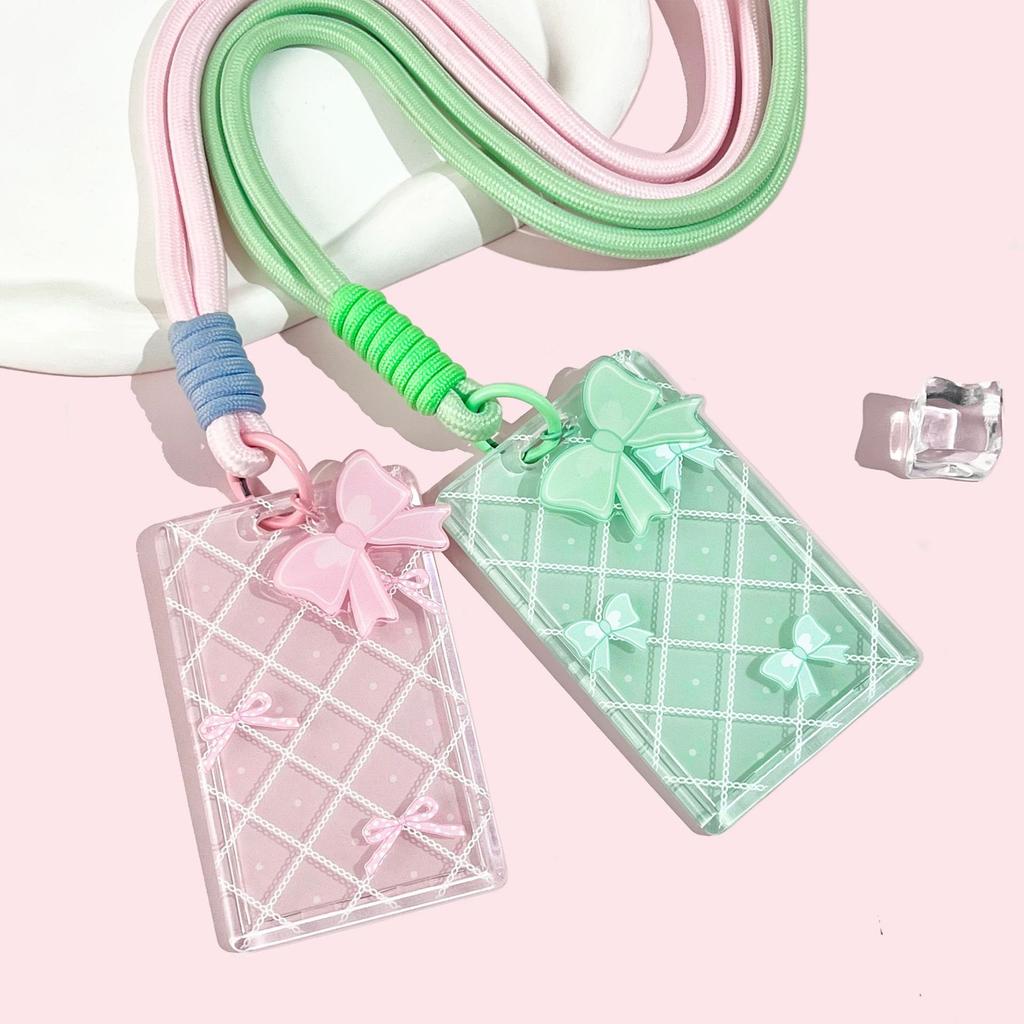 Ins Sliding Cover Card Holder Student Campus Card Holder Lanyard Anti Loss ID Holder Cards Case Bus Card Sleeve with Bow Pandent
