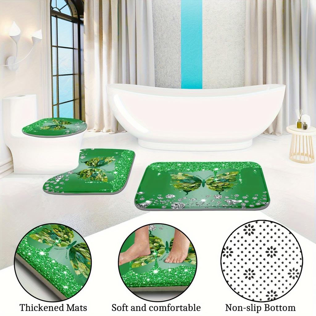 4 Sztuki Luksusowy Zestaw Łazienkowy Zielony Motyl, Wodoodporna Zasłona Prysznicowa z Antypoślizgowymi Dywanikami, Mata Kształcie U Pokrycie Deski Sedesowej, 12 Haczyków