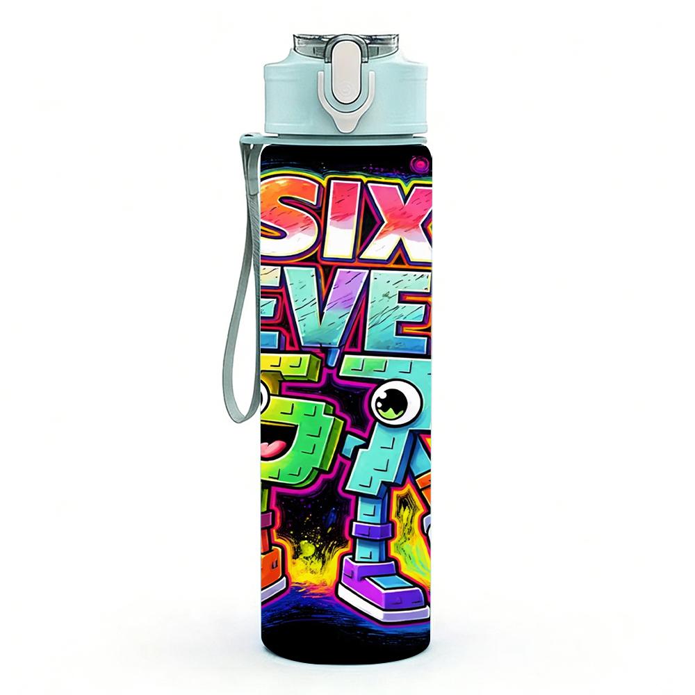 1PC Rainbow Six Seven Bright Graffiti Text 750ml Color Plastic Water Bottle Leakproof Flip Straw Lid For Sports Office Home Use