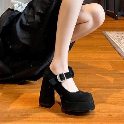 Sapatos Mary Jane franceses pequenos de salto alto saia feminina muffin sola grossa de elevação sapatos de salto alto à prova d'água mesa primavera 2025