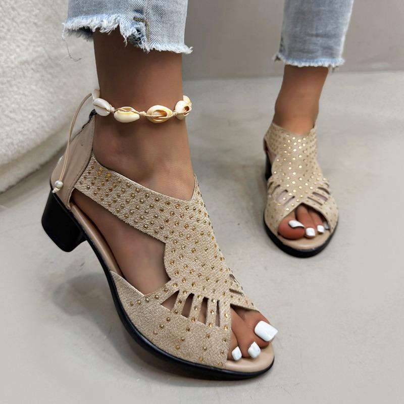 Fashion 2025 Summer New Peep Toe Women's Cover Heel Sandals Outdoor Crystal Back Zip Chunky Heels Sandal for Retro Daily Office & Career