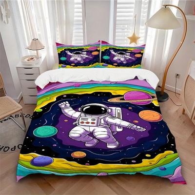 3pcs Cosmic Astronaut 1Cover + 2Pillowcases, PillowInserts NotIncluded, Machine Washable, All - Season Use, Suitable for Bedroom Guest Room