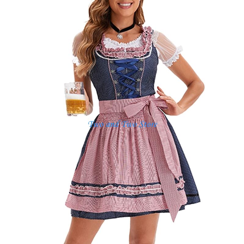 HX6F Kostium Bawarski Oktoberfest dla Dorosłych Kobiet, Kostium Piwny Sukienki Dirndl