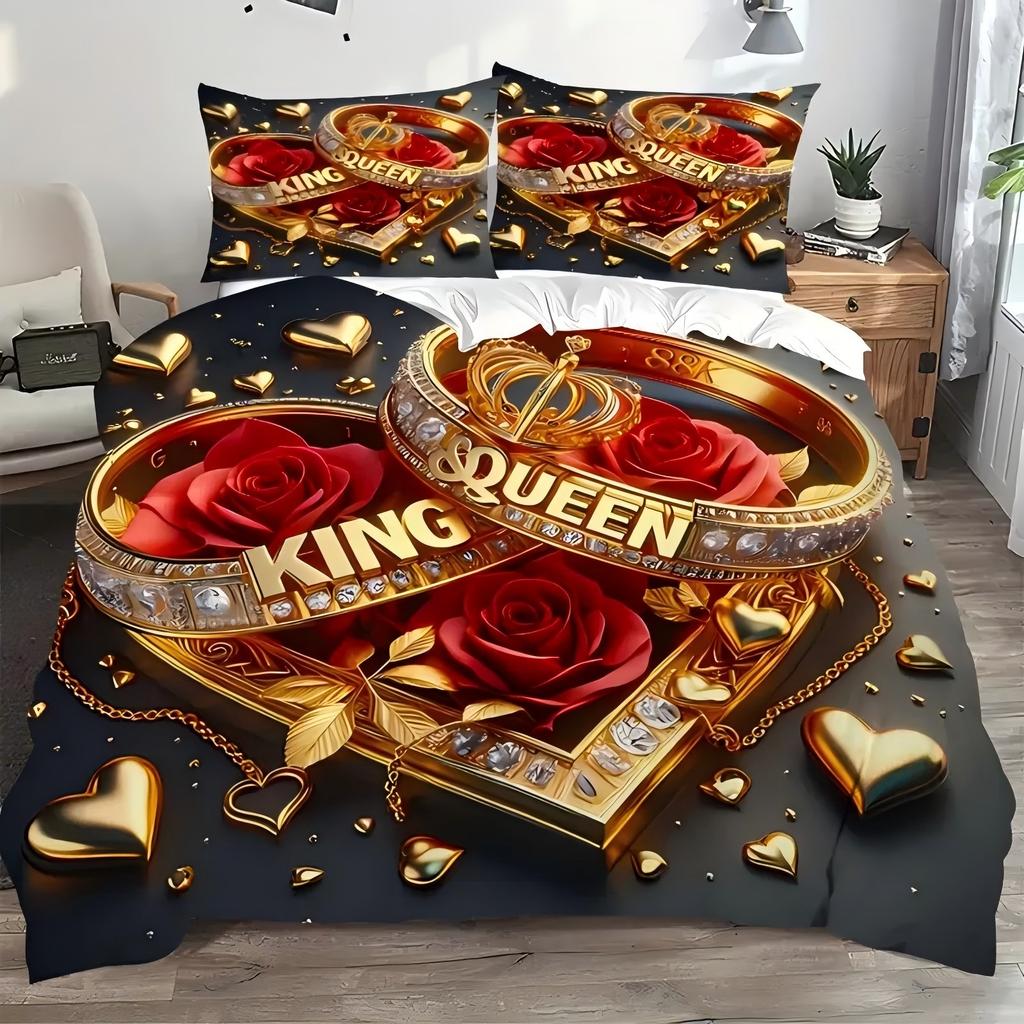 Couple'S Ring Roses Pattern 3D Printed Duvet Cover Set Simple Luxury Style Bedding Set Soft Comfortable Quilt Cover Pillowcase