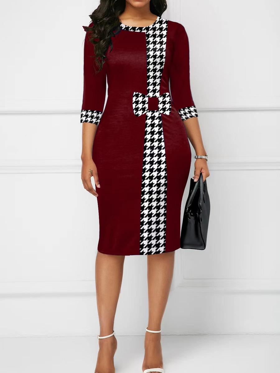 

Wrap Seven-Thirds Sleeve Printed Dress with Checkered Pattern, Long Length, Elegant and Commuting 3XL червоний