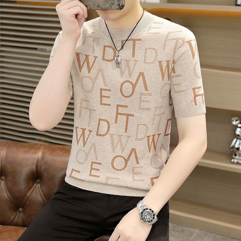 Трендовая мода осень зима новые мужские с круглым вырезом и принтом букв корейские повседневные универсальные узкие свитера с коротким рукавом трикотажные футболки топы S хаки 1928₽