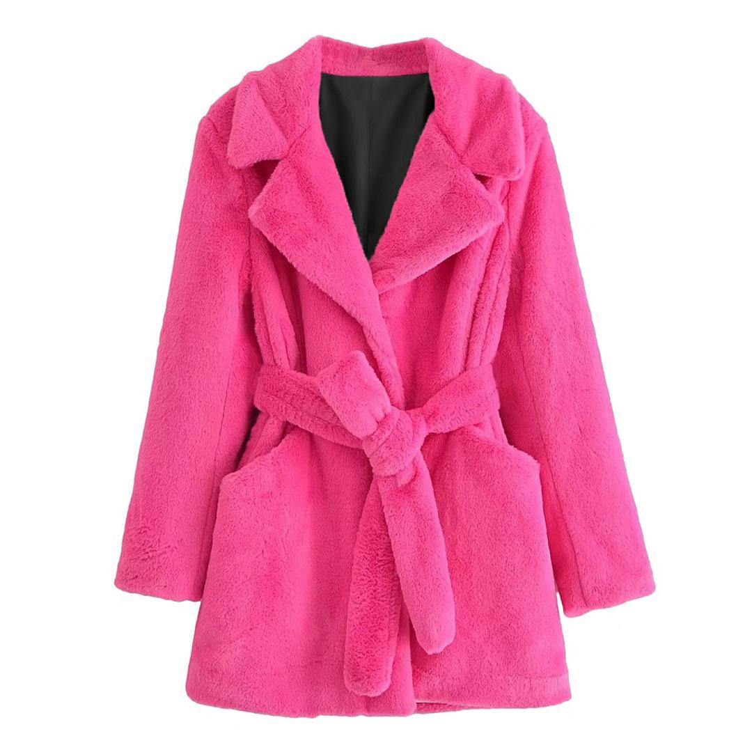 

2024 Новая розово-красная куртка из искусственного меха с поясом, женское плюшевое пальто, пиджак с воротником, средняя длинная пушистая куртка, женская весенне-осенняя модная верхняя одежда XL розы красного