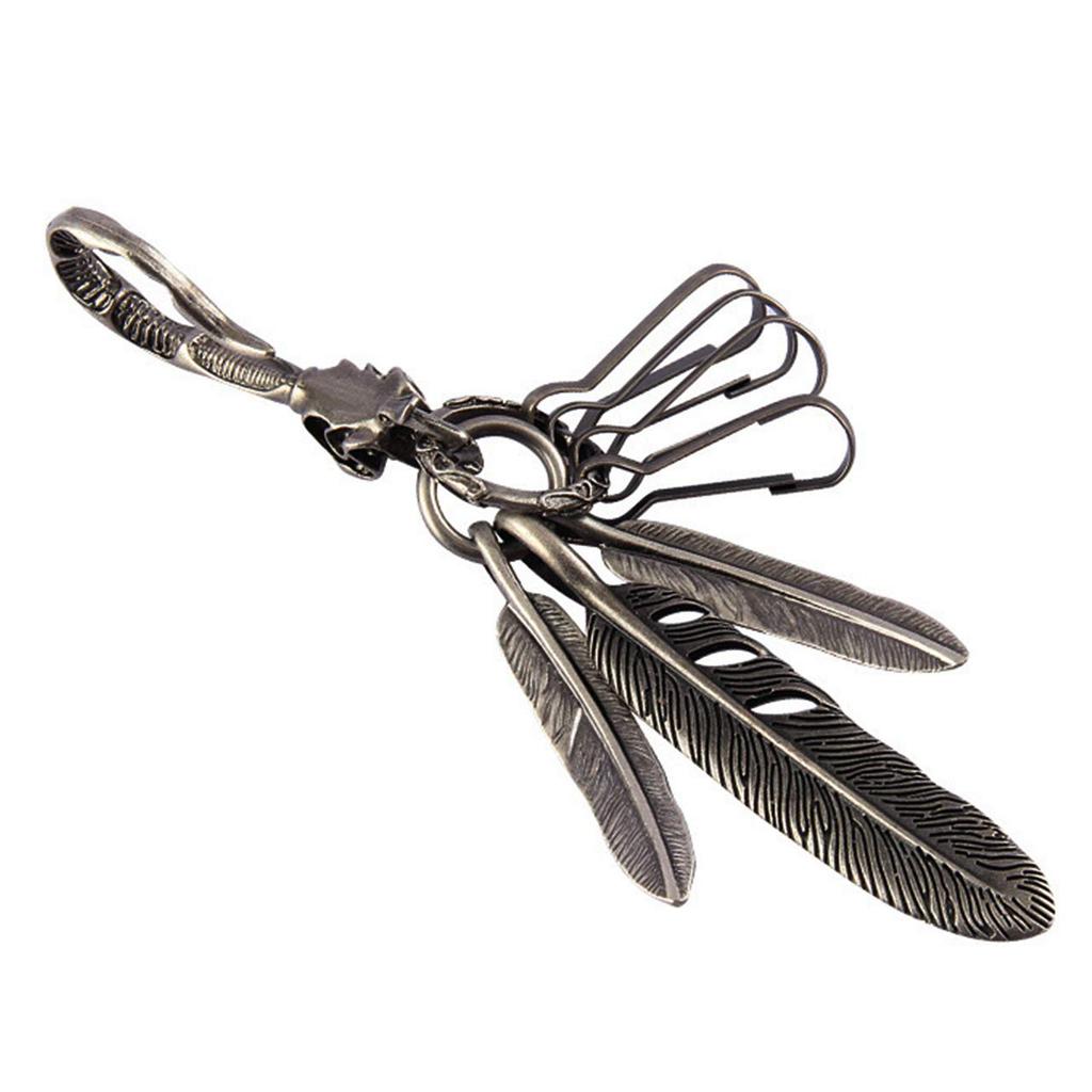 Long Feather Skull Native [ZIYMU] Keychain, 3-Strand Pendant, Head, American, Silver, Zm-k-002