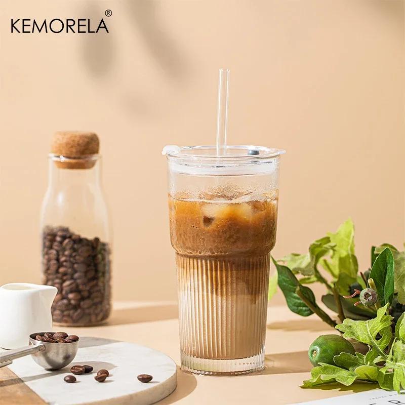 600ML Ribbed Glass Tumblers with Lids and Straws 1/2PCS Drinking Glasses for Iced Coffee Cups Milk Juice Cold Beverages
