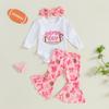 Baby Girls Fall Outfit, Long Sleeve Letters Print Romper with Bow Rugby Flare Pants and Headband Clothing Set