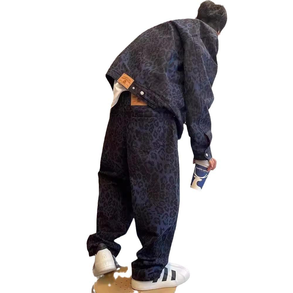 Americká vysoká pouliční móda: Pánské volné džíny s koženou výšivkou - Zimní trend, široký střih.