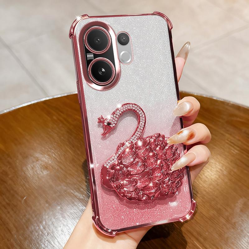 KEYSION Shockproof Plating Phone Case for VIVO V60 5G Clear Soft TPU Glitter Jewelled Swan Kickstand Back Cover for VIVO V60
