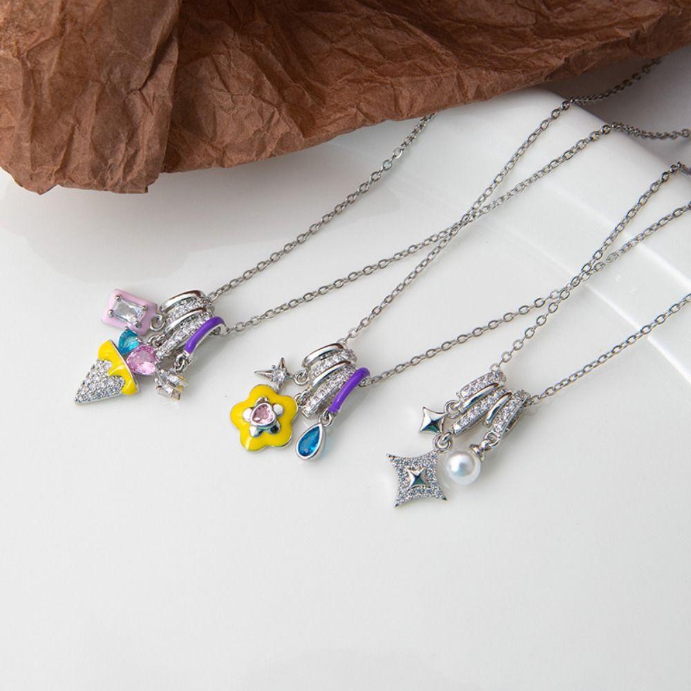 Colorful Ice Cream Necklace Simple Elegant Enamel Pendant Flower Zircon Necklace Valentine's Day