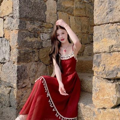 Bohemian Red Strappy Patchwork Fringe Dress - Ethnic Style Summer 2026