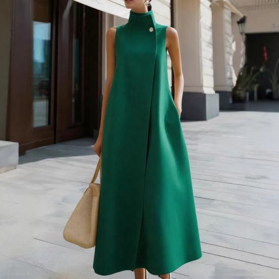 Damska Długa Sukienka z Kołnierzem Stojącym Bez Rękawów Jedno Guzik A-line Maxi Formalna Biznesowa Biurowa Sukienka do Pracy