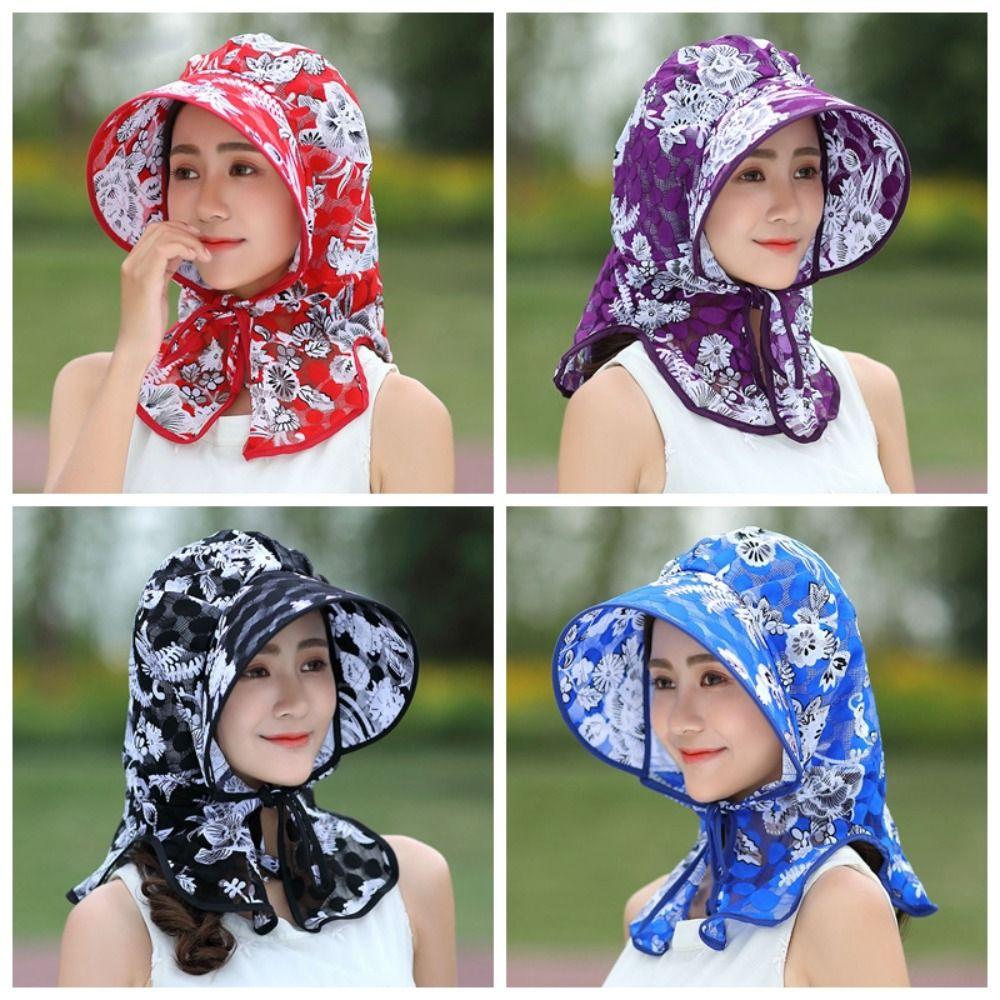 Sunscreen Women Sun Hat Neck Guard Print Floral Sunscreen Hat Breathable Picking Tea Hat Riding