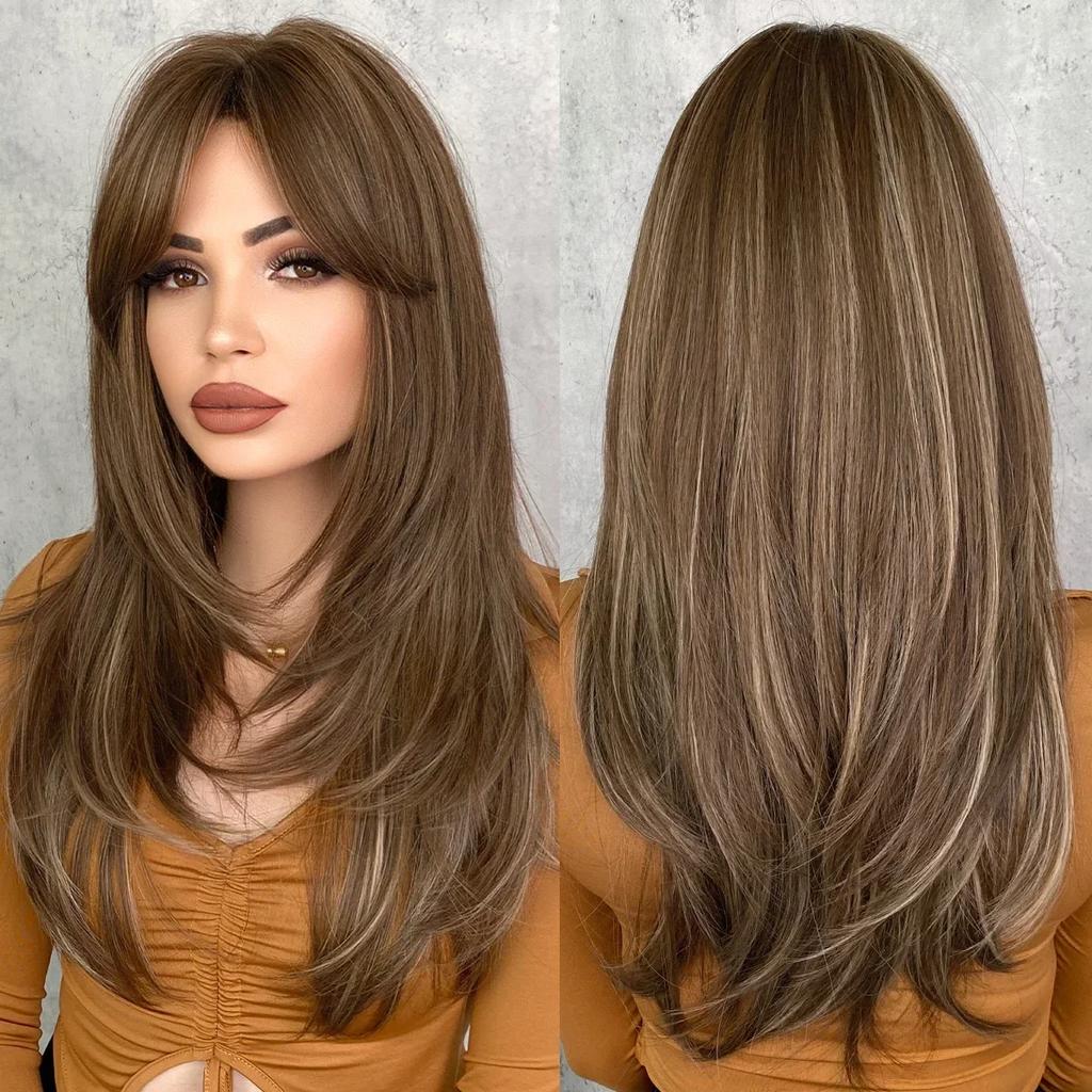 Profesionální Dlouhá Rovná Zelená Paruka pro Ženy Přírodní Syntetické Volné Vrstvené Vlasy Paruky s Ofinou Vysoká Hustota Vanilkové Cosplay Paruky