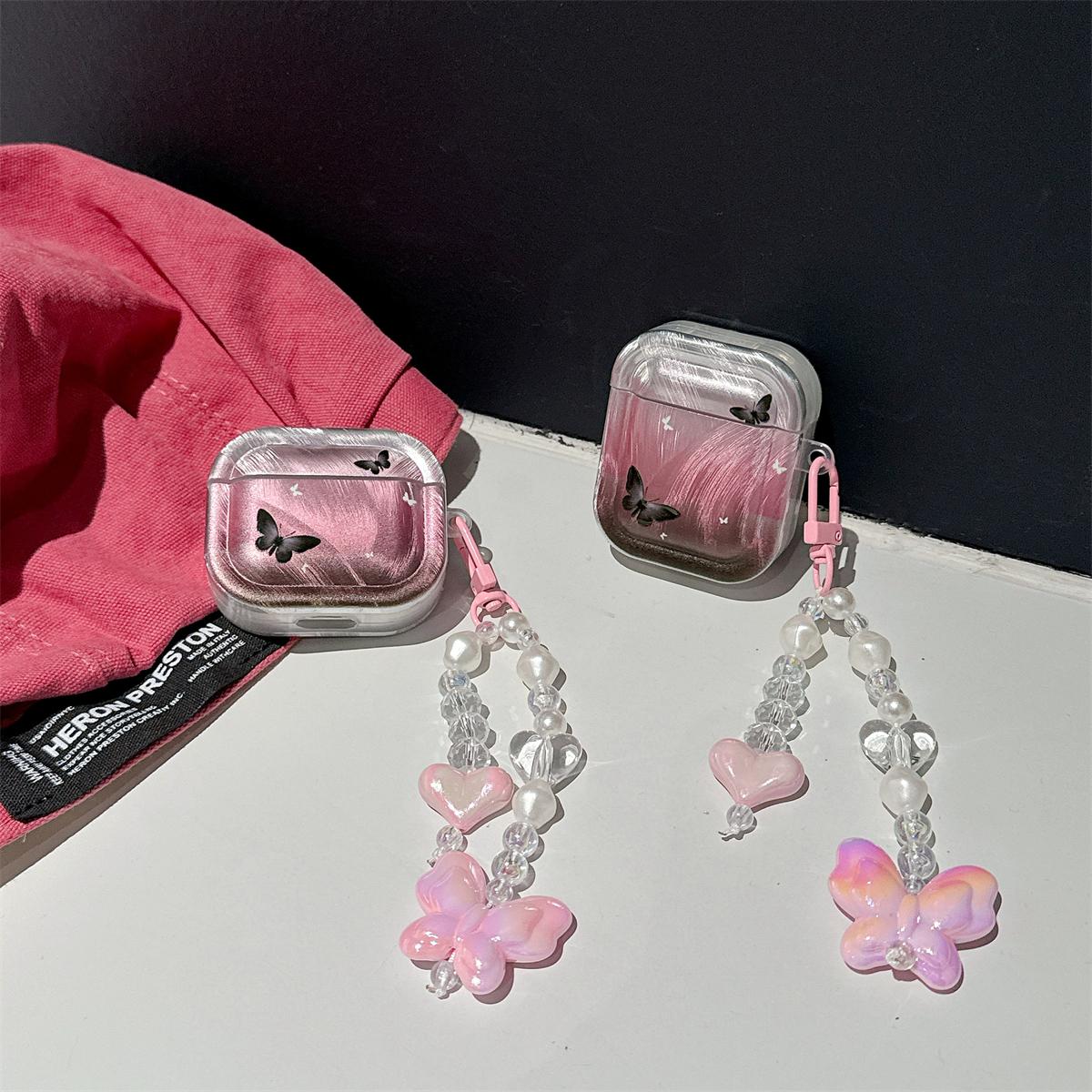

For Apple AirPods Pro Stylish Butterfly Pattern TPU Cover Bluetooth-compatible Earphone Dust-proof Case with Pendant