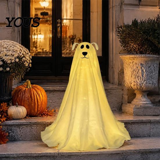 Lighted Ghost Dog for Entryway Halloween Decoration, Battery Operated Freestanding Spooky Cute Figurine with Remote And String Light Front Door,