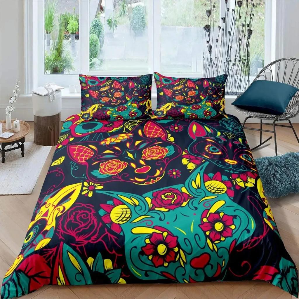 Katzenknochen-Bettwäscheset Full QueenHalloween Gothic Totenkopf Bettwäscheset SchwarzWeiß Galaxie Bettdeckenbezug Steppdeckenbezug