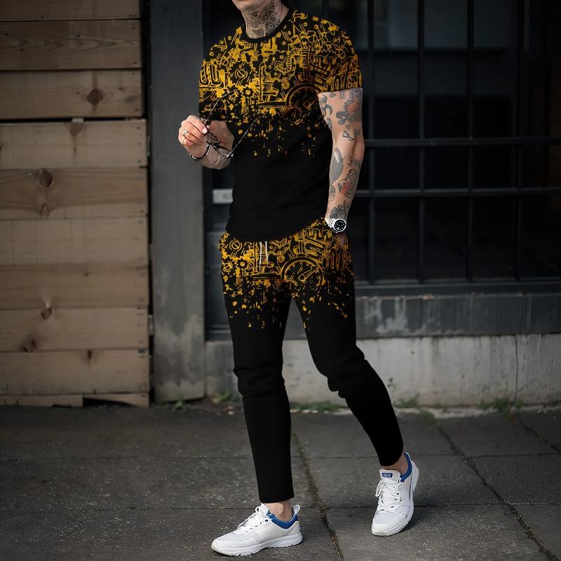 

Новый летний комплект спортивной одежды, футболка с короткими рукавами, длинные брюки, комплект из 2 предметов, 3D-сращивание, повседневный и красивый дорожный комплект высокого качества 6XL