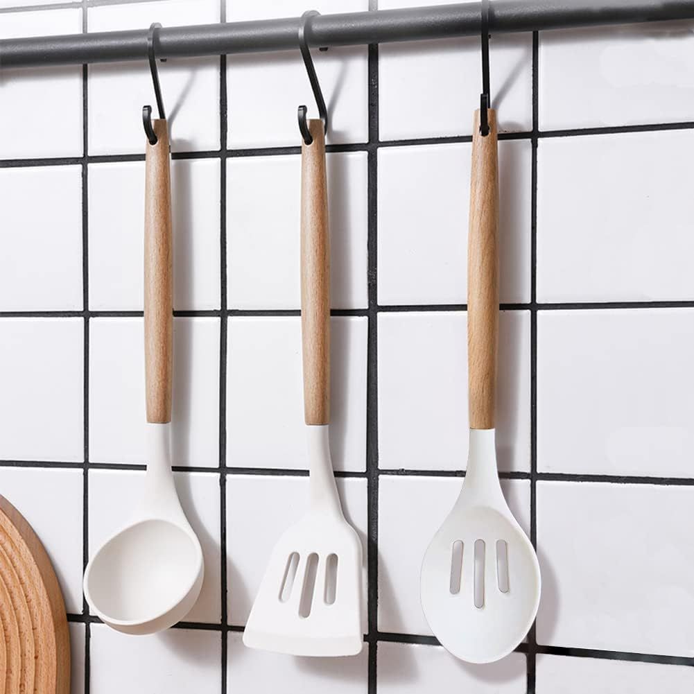 Silicone Kitchen Set, 5 Pcs Non-Stick Cooking Utensils With Wooden Handles, Heat Resistant in Cream
